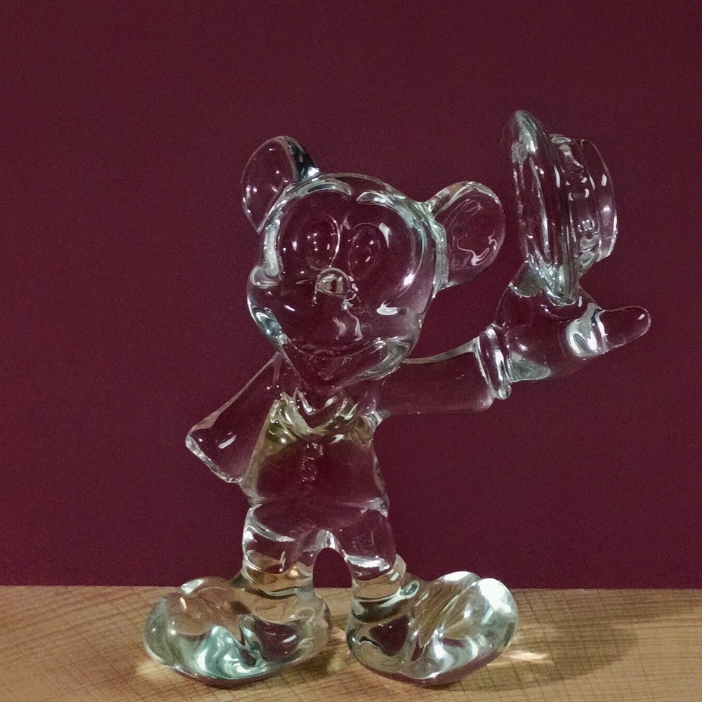 Disney Mickey Mouse Crystal Figurine Clear Glass Tipping Hat Pose